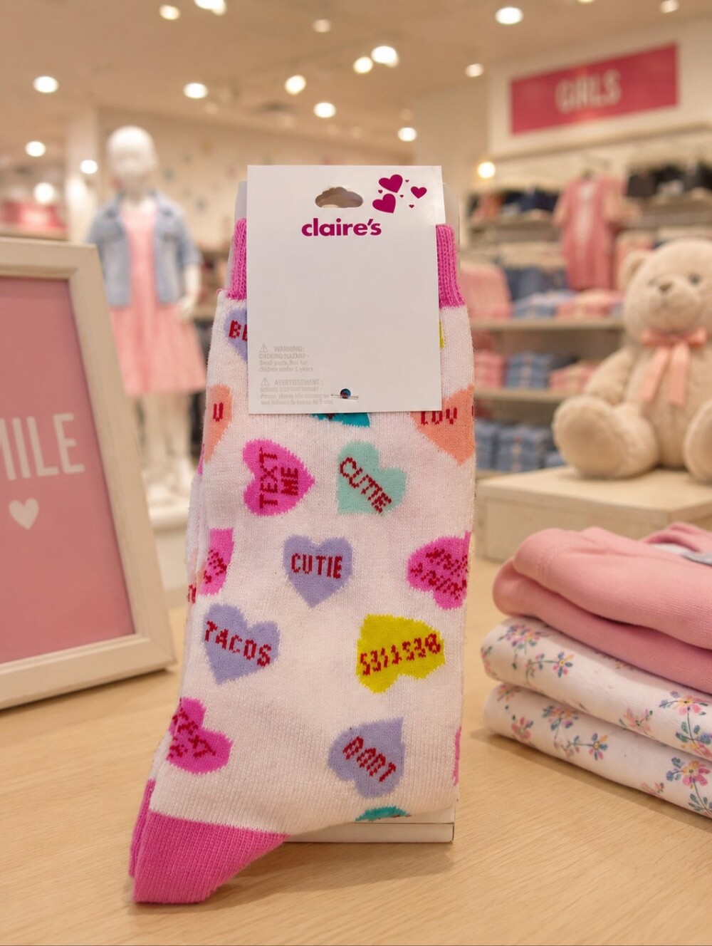 Claire's Pastel Conversation Heart Crew Socks - Pink Accents